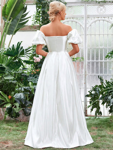 Off Shoulder Puff Sleeve Satin Wedding Dress Without Veil
