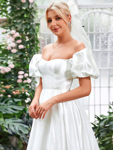 Off Shoulder Puff Sleeve Satin Wedding Dress Without Veil