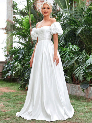 Off Shoulder Puff Sleeve Satin Wedding Dress Without Veil