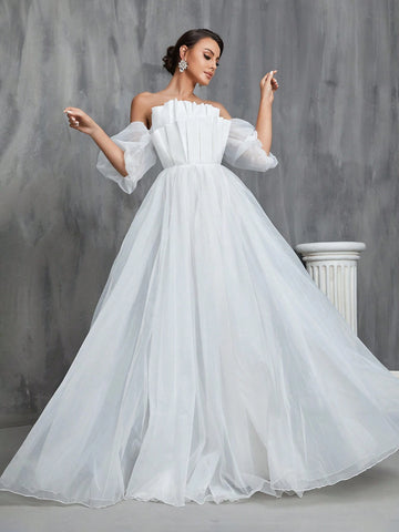 Off Shoulder Puff Sleeve Wedding Dress