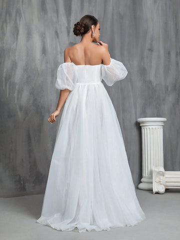 Off Shoulder Puff Sleeve Wedding Dress