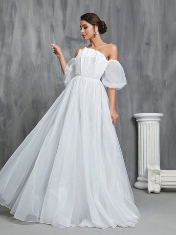 Off Shoulder Puff Sleeve Wedding Dress