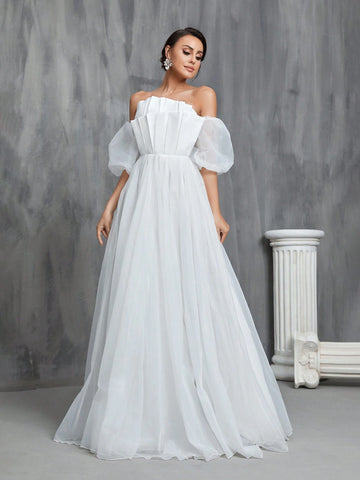 Off Shoulder Puff Sleeve Wedding Dress