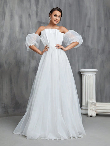 Off Shoulder Puff Sleeve Wedding Dress
