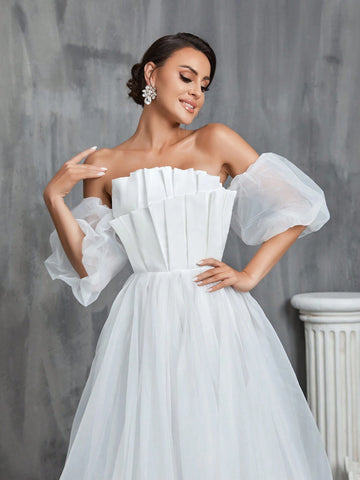 Off Shoulder Puff Sleeve Wedding Dress