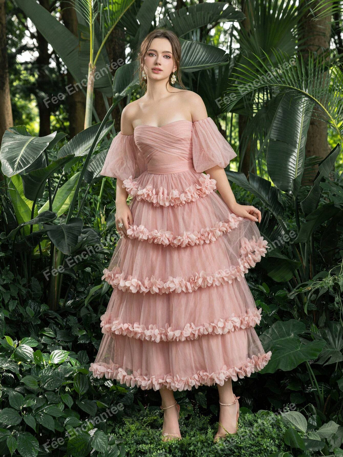 Off Shoulder Puff Sleeves Layered Frill Trim Tulle Prom Homecoming Dress Perfect For Back To School, Gathering, Dance & Cocktail Events