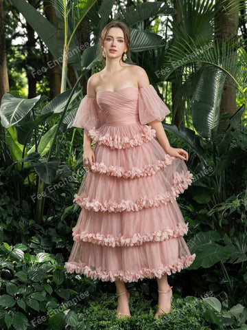 Off Shoulder Puff Sleeves Layered Frill Trim Tulle Prom Homecoming Dress Perfect For Back To School, Gathering, Dance & Cocktail Events