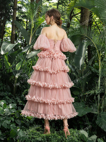 Off Shoulder Puff Sleeves Layered Frill Trim Tulle Prom Homecoming Dress Perfect For Back To School, Gathering, Dance & Cocktail Events