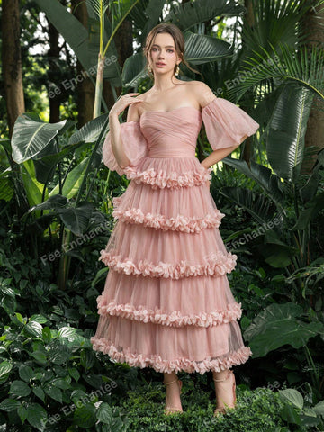 Off Shoulder Puff Sleeves Layered Frill Trim Tulle Prom Homecoming Dress Perfect For Back To School, Gathering, Dance & Cocktail Events
