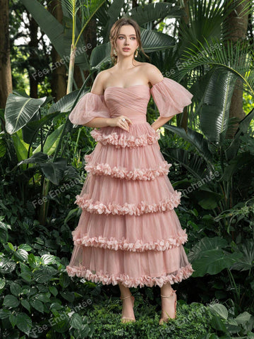 Off Shoulder Puff Sleeves Layered Frill Trim Tulle Prom Homecoming Dress Perfect For Back To School, Gathering, Dance & Cocktail Events
