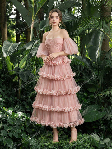 Off Shoulder Puff Sleeves Layered Frill Trim Tulle Prom Homecoming Dress Perfect For Back To School, Gathering, Dance & Cocktail Events