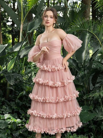 Off Shoulder Puff Sleeves Layered Frill Trim Tulle Prom Homecoming Dress Perfect For Back To School, Gathering, Dance & Cocktail Events