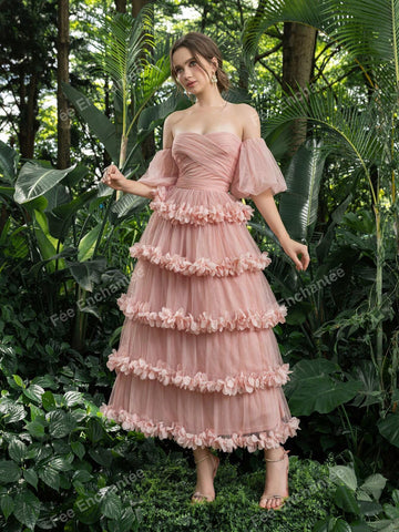Off Shoulder Puff Sleeves Layered Frill Trim Tulle Prom Homecoming Dress Perfect For Back To School, Gathering, Dance & Cocktail Events