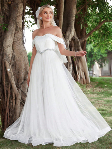 Off Shoulder Rhinestone Decor Mesh Wedding Dress Without Veil