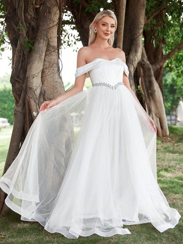 Off Shoulder Rhinestone Decor Mesh Wedding Dress Without Veil