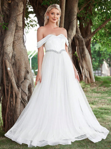 Off Shoulder Rhinestone Decor Mesh Wedding Dress Without Veil