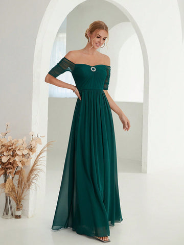 Off Shoulder Rhinestone Detail Chiffon Bridesmaid Dress