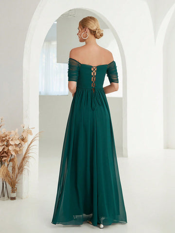Off Shoulder Rhinestone Detail Chiffon Bridesmaid Dress