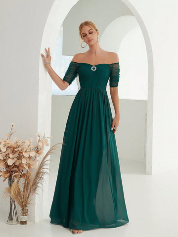 Off Shoulder Rhinestone Detail Chiffon Bridesmaid Dress