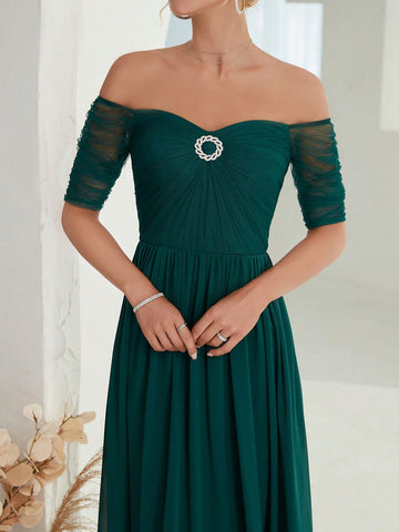 Off Shoulder Rhinestone Detail Chiffon Bridesmaid Dress