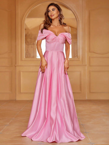 Off Shoulder Ruched Bust Satin Maxi Bridesmaid Dress
