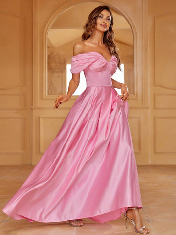 Off Shoulder Ruched Bust Satin Maxi Bridesmaid Dress