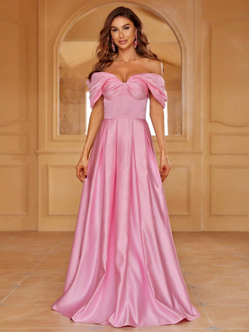 Off Shoulder Ruched Bust Satin Maxi Bridesmaid Dress