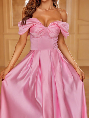 Off Shoulder Ruched Bust Satin Maxi Bridesmaid Dress