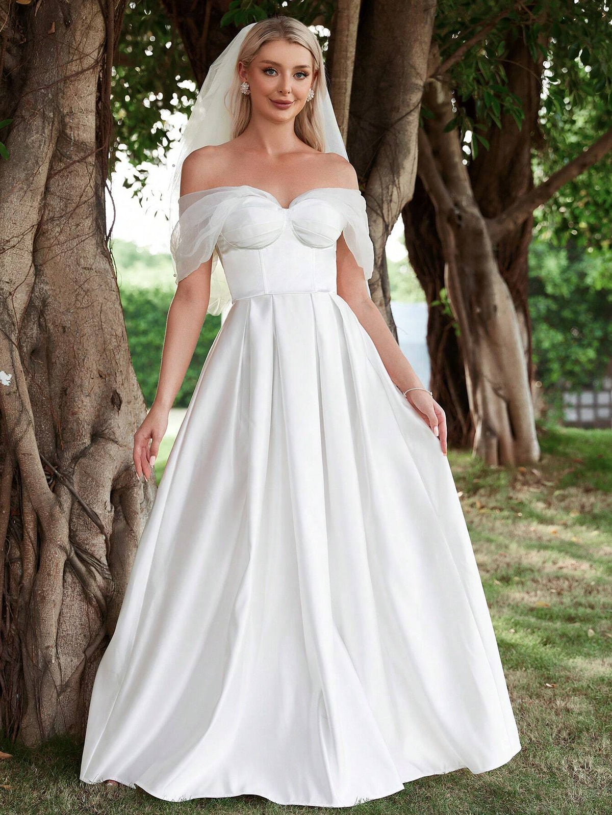 Off Shoulder Ruched Bustier Satin Wedding Dress