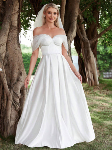 Off Shoulder Ruched Bustier Satin Wedding Dress