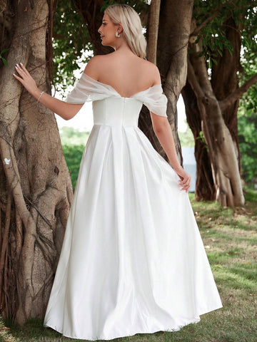 Off Shoulder Ruched Bustier Satin Wedding Dress