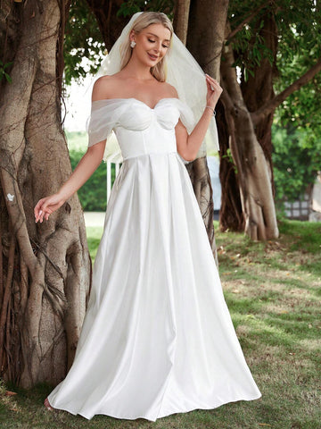 Off Shoulder Ruched Bustier Satin Wedding Dress