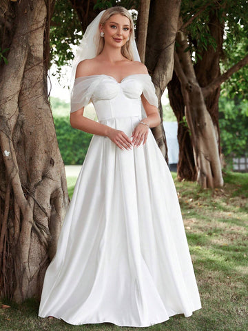 Off Shoulder Ruched Bustier Satin Wedding Dress