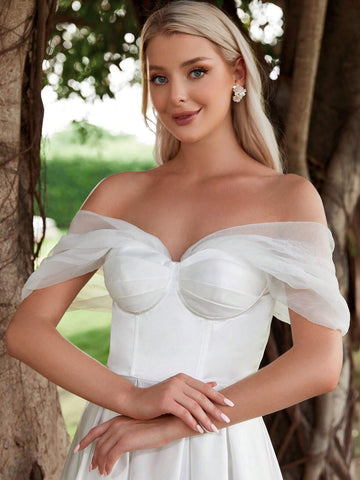 Off Shoulder Ruched Bustier Satin Wedding Dress