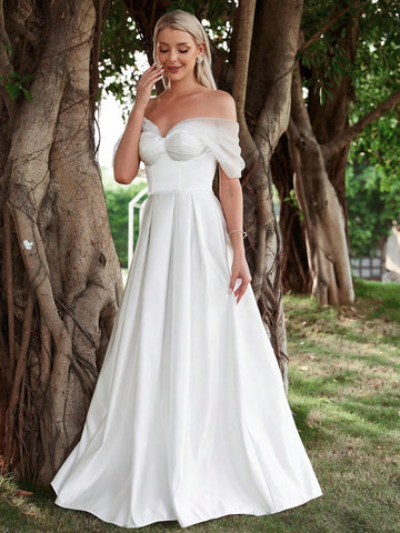 Off Shoulder Ruched Bustier Satin Wedding Dress