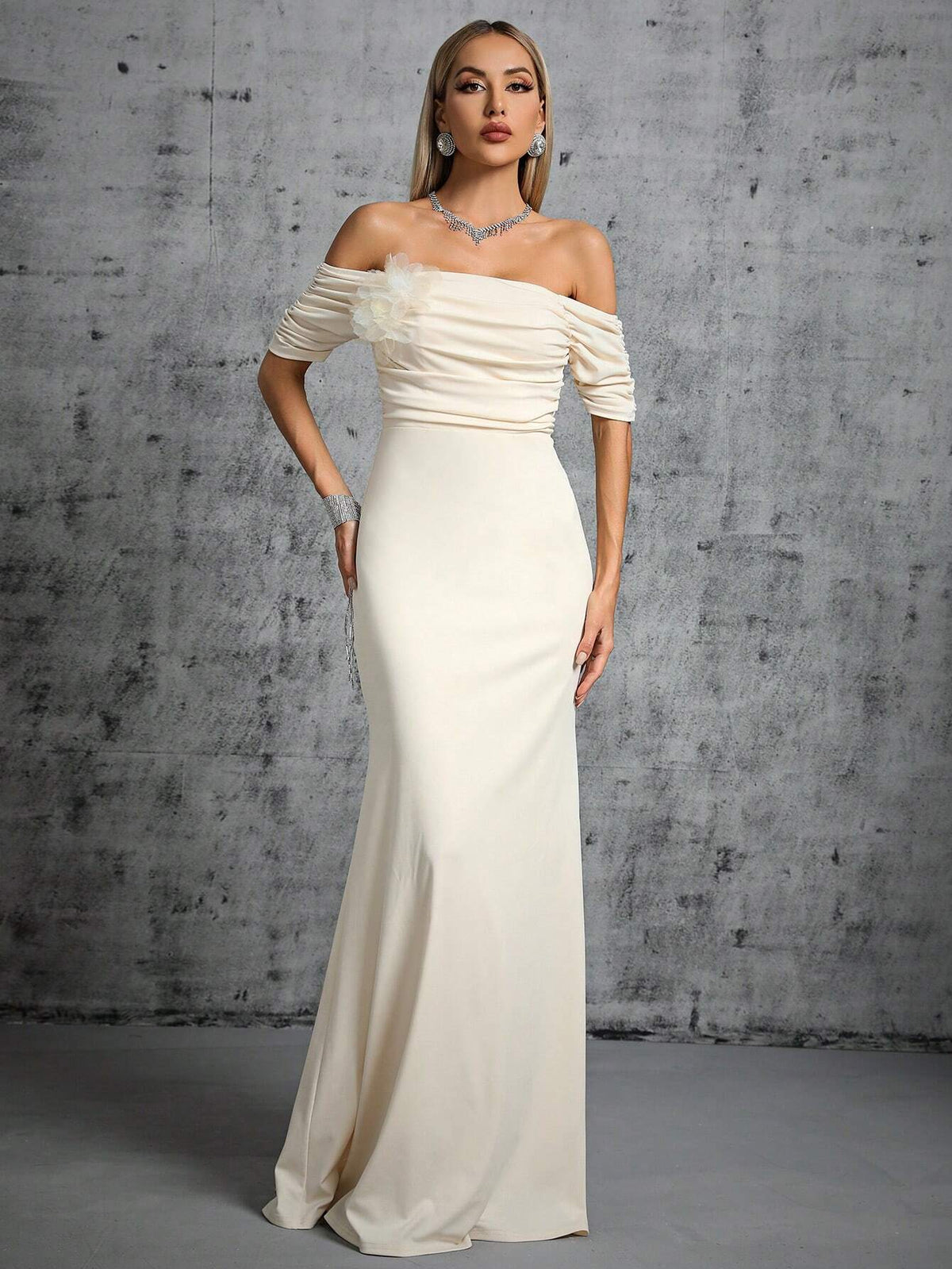 Off Shoulder Ruched Mermaid Hem Wedding Dress