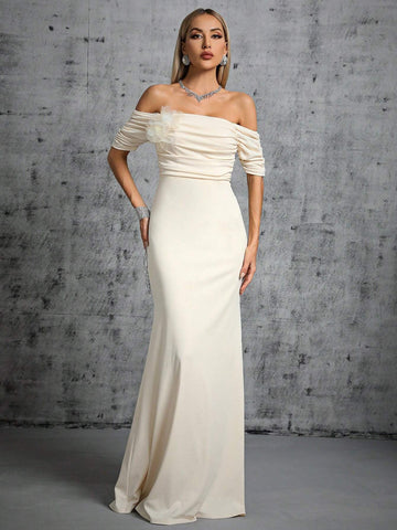 Off Shoulder Ruched Mermaid Hem Wedding Dress
