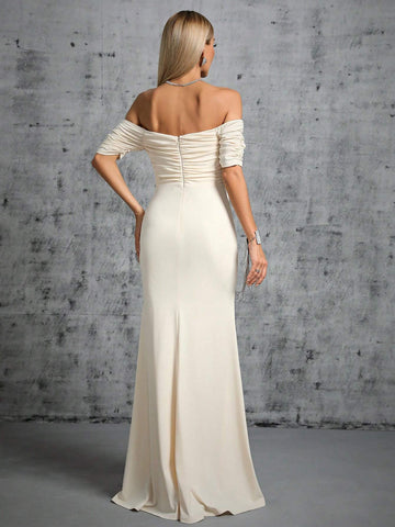 Off Shoulder Ruched Mermaid Hem Wedding Dress
