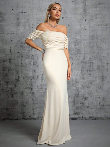 Off Shoulder Ruched Mermaid Hem Wedding Dress