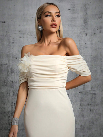 Off Shoulder Ruched Mermaid Hem Wedding Dress