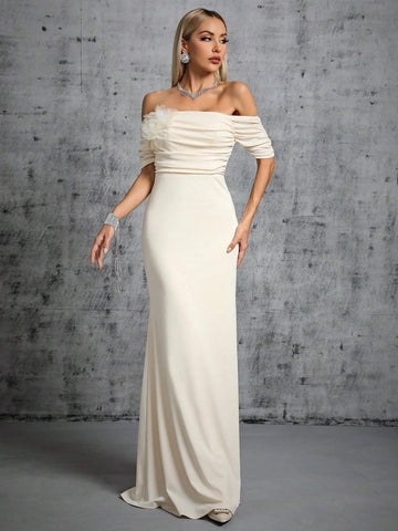 Off Shoulder Ruched Mermaid Hem Wedding Dress