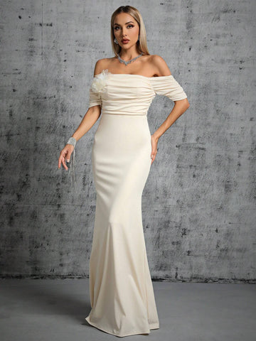Off Shoulder Ruched Mermaid Hem Wedding Dress
