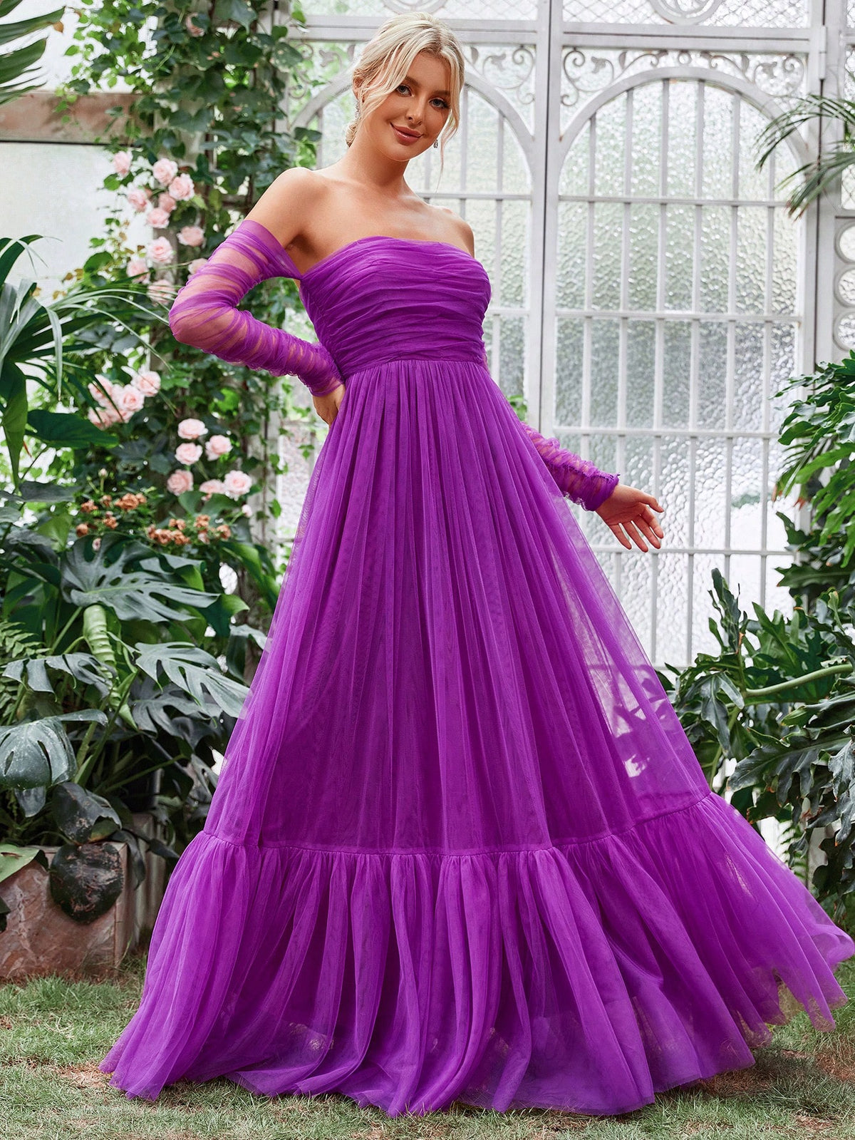 Off Shoulder Ruched Ruffle Hem Mesh Overlay Bridesmaid Dress