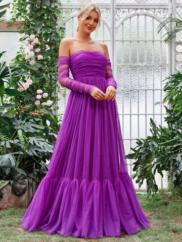 Off Shoulder Ruched Ruffle Hem Mesh Overlay Bridesmaid Dress