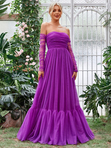 Off Shoulder Ruched Ruffle Hem Mesh Overlay Bridesmaid Dress