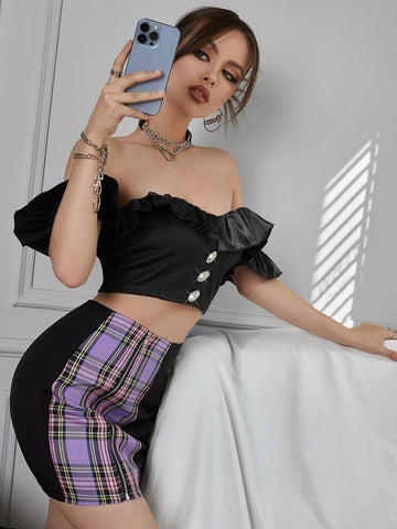 Off Shoulder Ruffle Rhinestone Satin Crop Top