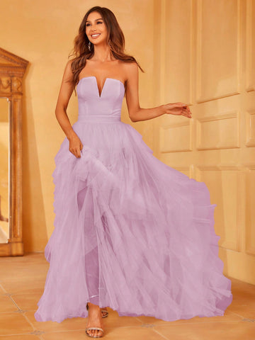 Off Shoulder Ruffle Trim Mesh Overlay Wedding Dress