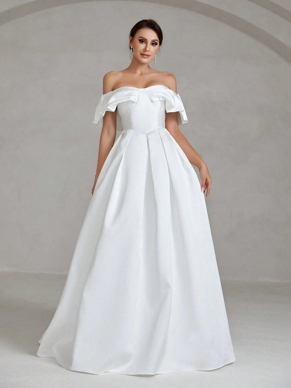 Off Shoulder Ruffle Trim Pleated Detail Satin Wedding Dress