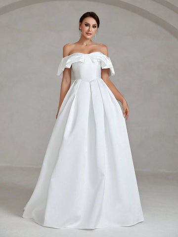 Off Shoulder Ruffle Trim Pleated Detail Satin Wedding Dress