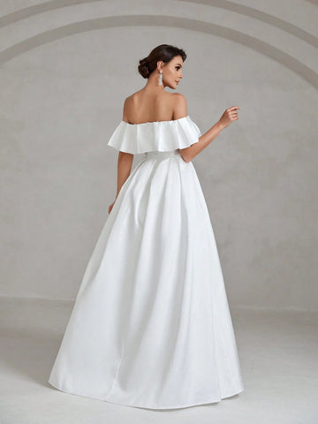 Off Shoulder Ruffle Trim Pleated Detail Satin Wedding Dress